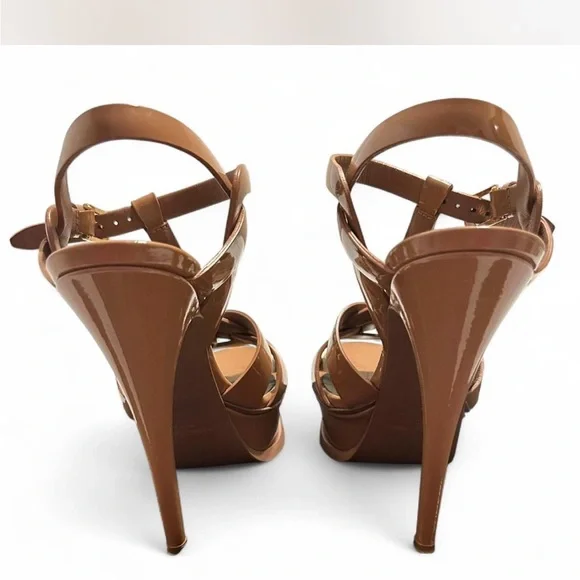 Authentic YSL Saint Laurent Tribute High Heel Sandals W Platform Camel/Tan